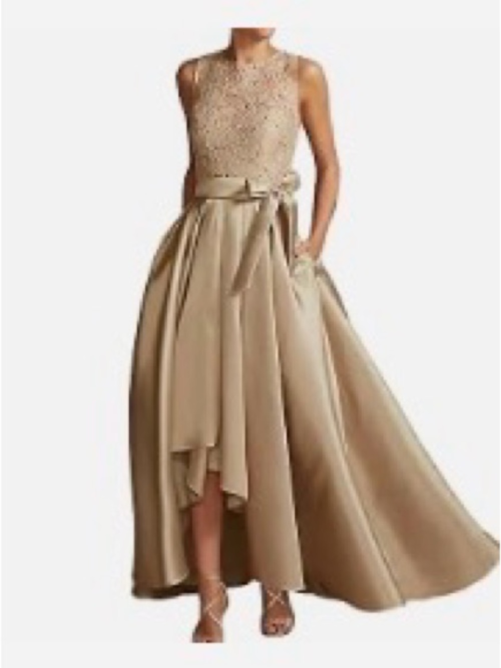 Sleeveless Beaded Bodice High-Low Satin Dress in Beige/Gold
